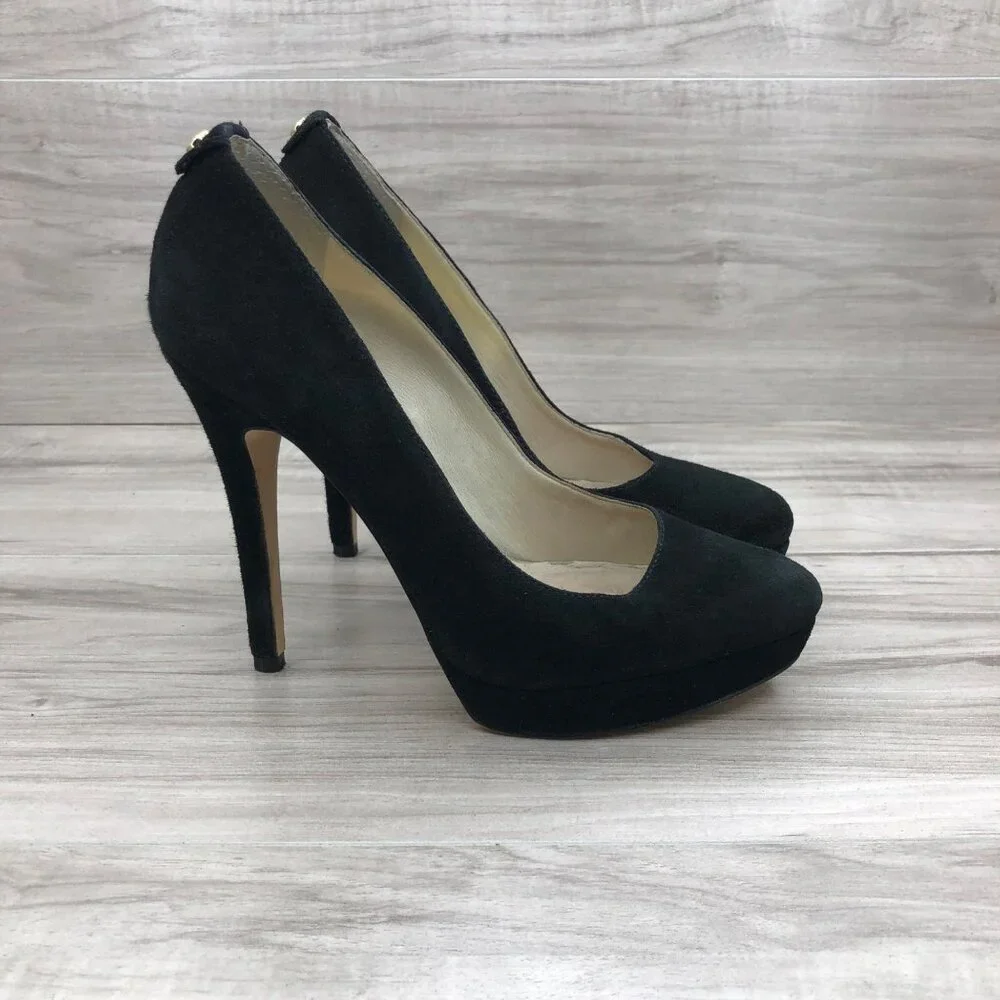 Michael Kors Heels Womens 7.5M York Black Suede Slip on Stiletto Platform Shoes